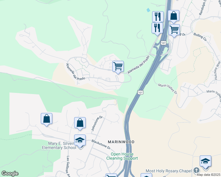 map of restaurants, bars, coffee shops, grocery stores, and more near 162 Redhawk Road in Novato