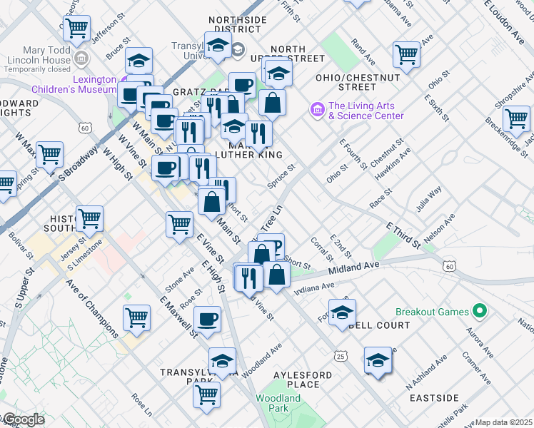 map of restaurants, bars, coffee shops, grocery stores, and more near 145 Deweese Street in Lexington
