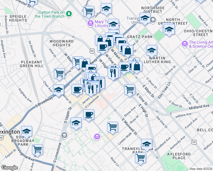 map of restaurants, bars, coffee shops, grocery stores, and more near 356 South Upper Street in Lexington