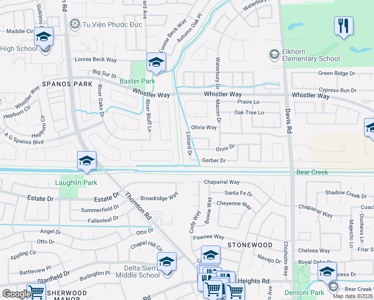 map of restaurants, bars, coffee shops, grocery stores, and more near 10003 Liotard Drive in Stockton