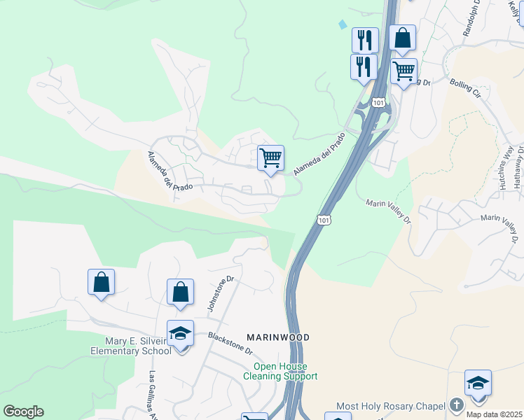 map of restaurants, bars, coffee shops, grocery stores, and more near 113 Pelican Lane in Novato