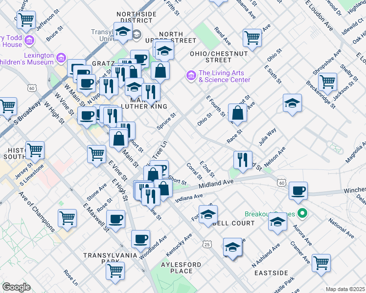 map of restaurants, bars, coffee shops, grocery stores, and more near 355 East 2nd Street in Lexington