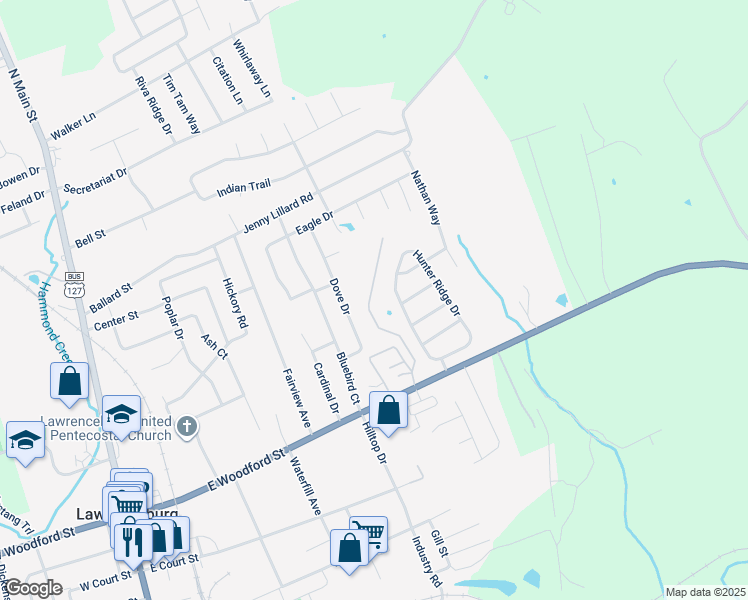 map of restaurants, bars, coffee shops, grocery stores, and more near 238 Hunter Ridge Drive in Lawrenceburg