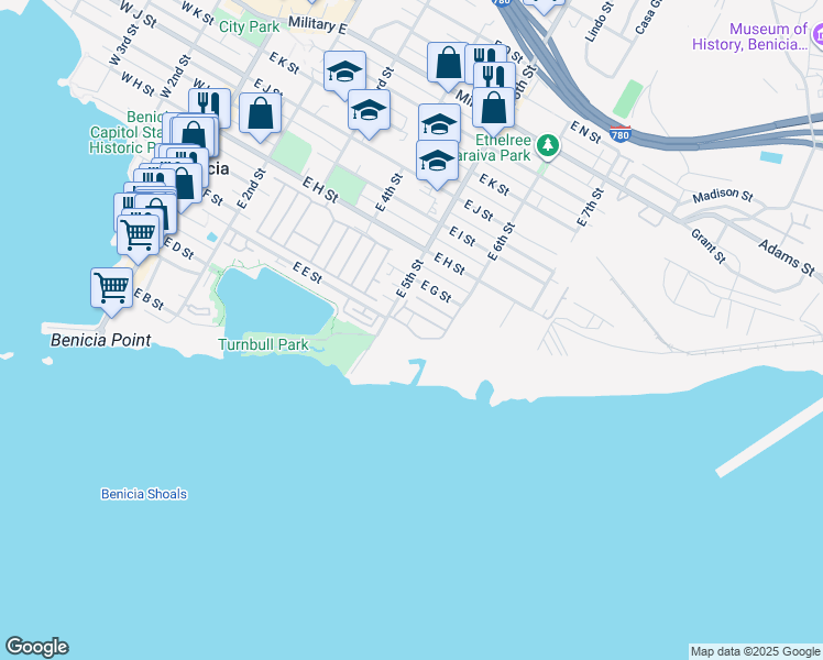 map of restaurants, bars, coffee shops, grocery stores, and more near E Street in Benicia