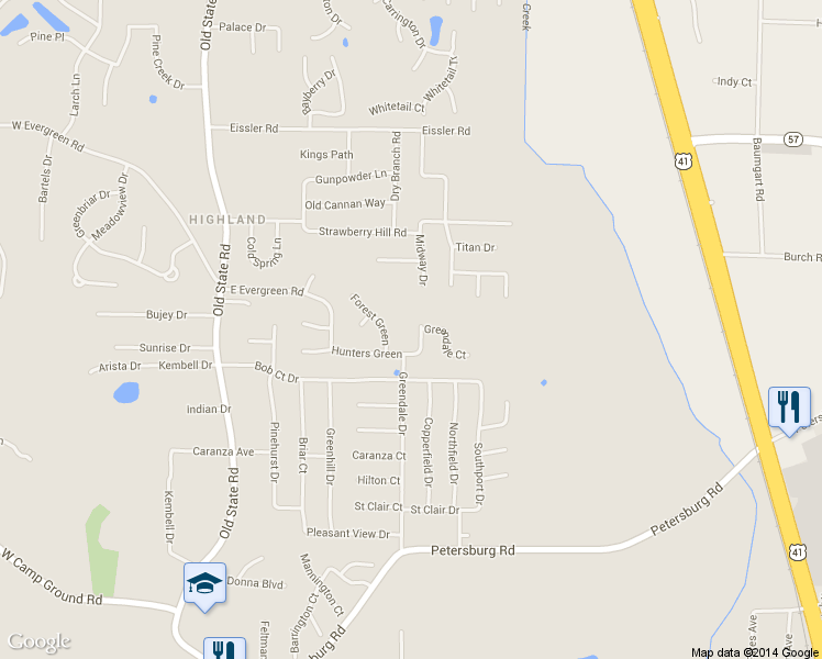 map of restaurants, bars, coffee shops, grocery stores, and more near 7210 Greendale Dr in Evansville