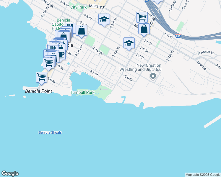 map of restaurants, bars, coffee shops, grocery stores, and more near 458 East E Street in Benicia