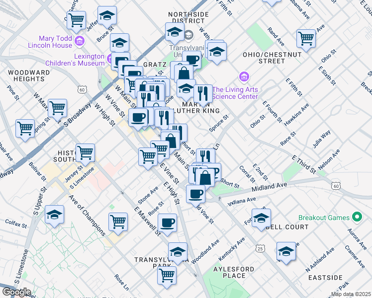 map of restaurants, bars, coffee shops, grocery stores, and more near 238 East Short Street in Lexington