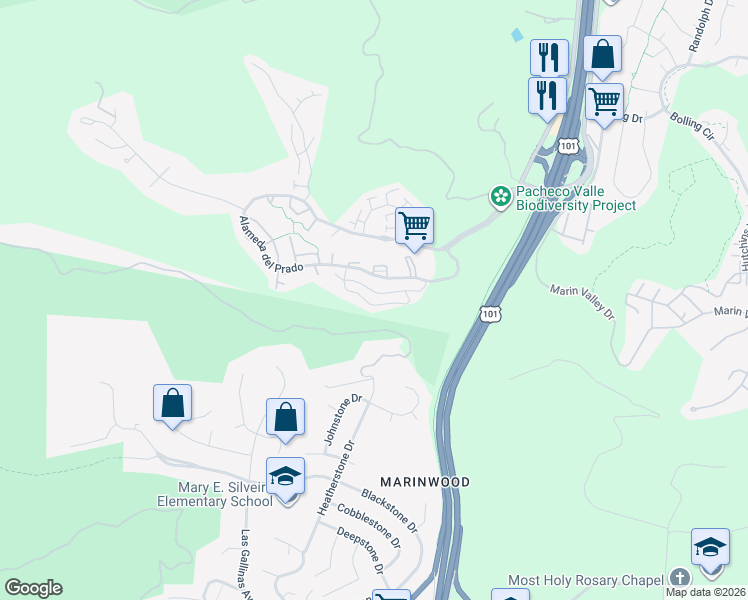 map of restaurants, bars, coffee shops, grocery stores, and more near 162 Redhawk Road in Novato