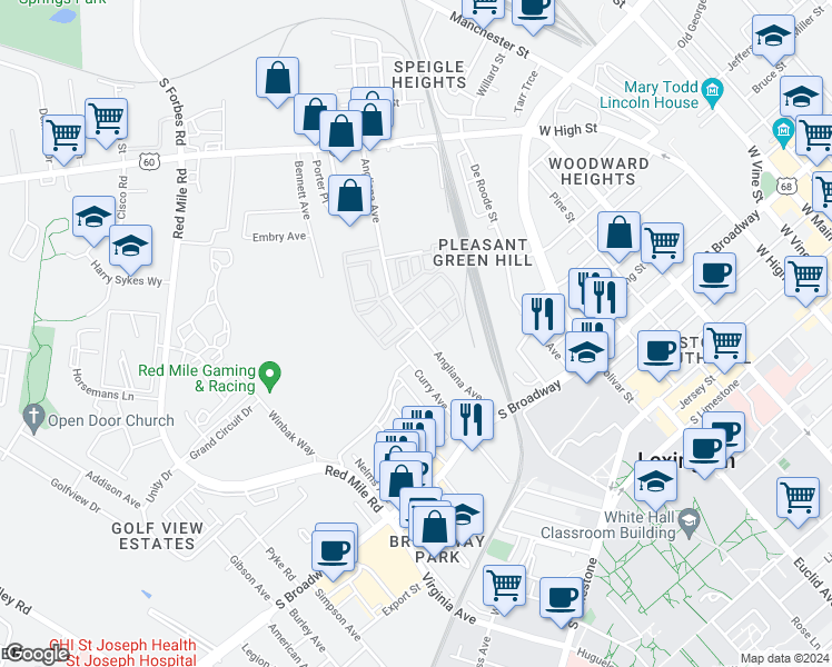 map of restaurants, bars, coffee shops, grocery stores, and more near 498 Angliana Avenue in Lexington