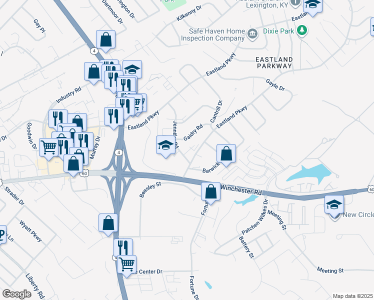 map of restaurants, bars, coffee shops, grocery stores, and more near 1719 Jennifer Road in Lexington