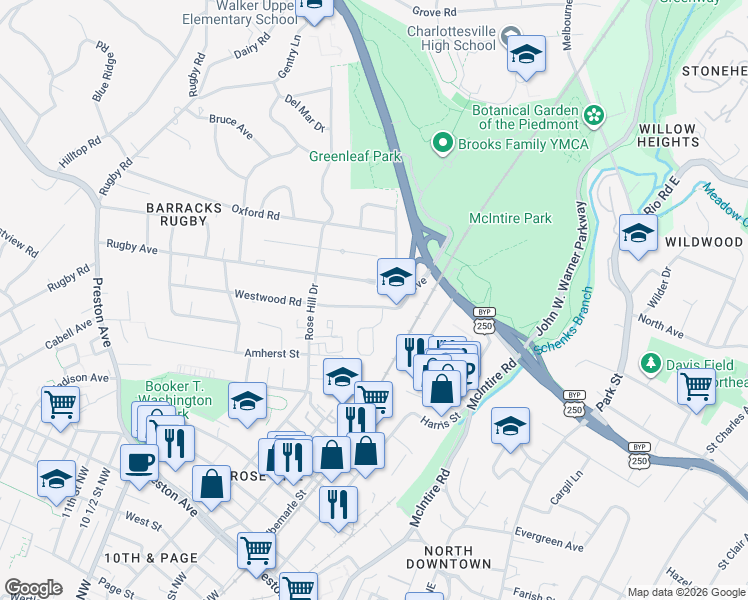map of restaurants, bars, coffee shops, grocery stores, and more near 1425 Westwood Rd in Charlottesville