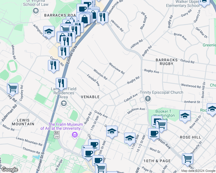 map of restaurants, bars, coffee shops, grocery stores, and more near 1809 Rugby Place in Charlottesville