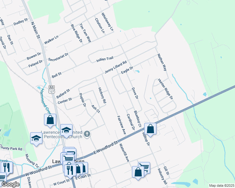 map of restaurants, bars, coffee shops, grocery stores, and more near 89 Eagle Drive in Lawrenceburg