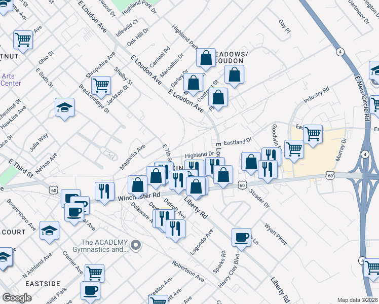 map of restaurants, bars, coffee shops, grocery stores, and more near 857 Byars Avenue in Lexington