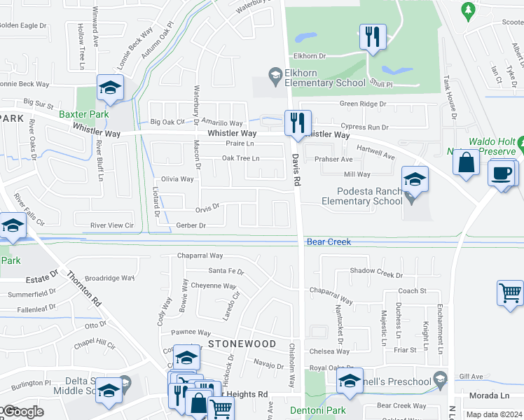map of restaurants, bars, coffee shops, grocery stores, and more near 9934 Campora Way in Stockton