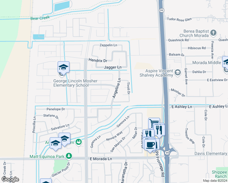 map of restaurants, bars, coffee shops, grocery stores, and more near 3941 Angelina Lane in Stockton