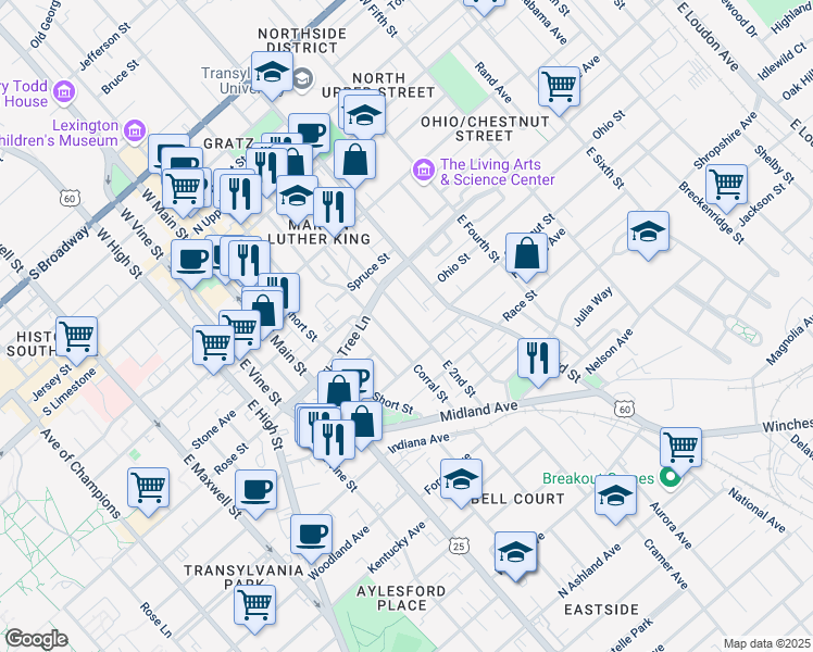 map of restaurants, bars, coffee shops, grocery stores, and more near 346 East 2nd Street in Lexington