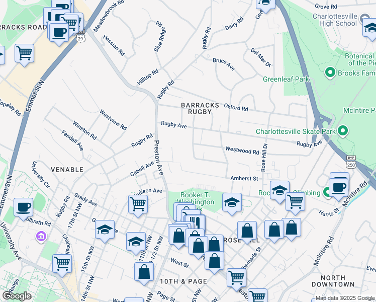 map of restaurants, bars, coffee shops, grocery stores, and more near 1151 Kensington Avenue in Charlottesville