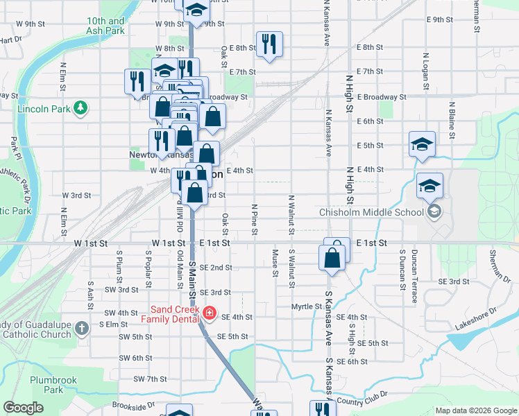 map of restaurants, bars, coffee shops, grocery stores, and more near 212 North Pine Street in Newton