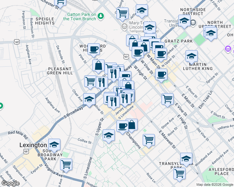 map of restaurants, bars, coffee shops, grocery stores, and more near 422 South Mill Street in Lexington