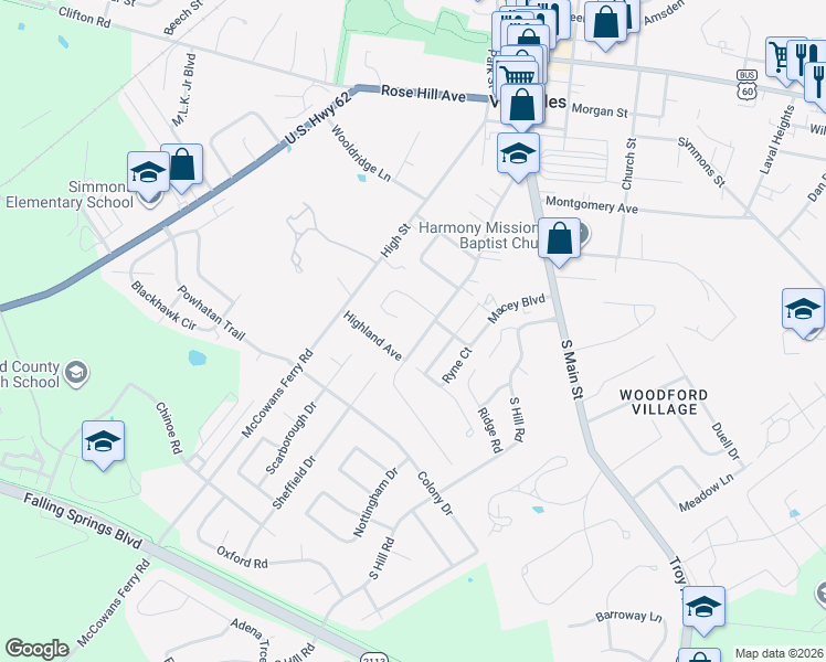 map of restaurants, bars, coffee shops, grocery stores, and more near 309 Macey Avenue in Versailles