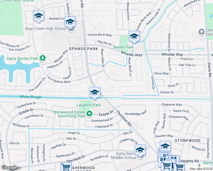 map of restaurants, bars, coffee shops, grocery stores, and more near 10140 River Falls Circle in Stockton