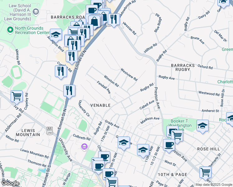 map of restaurants, bars, coffee shops, grocery stores, and more near 1809 Rugby Place in Charlottesville