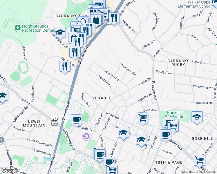 map of restaurants, bars, coffee shops, grocery stores, and more near 1824-1826 Fendall Ave in Charlottesville