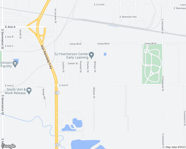 map of restaurants, bars, coffee shops, grocery stores, and more near 427 William Street in Hutchinson
