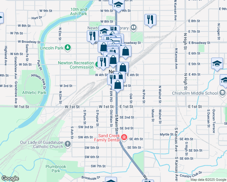 map of restaurants, bars, coffee shops, grocery stores, and more near 215 North Main Street in Newton
