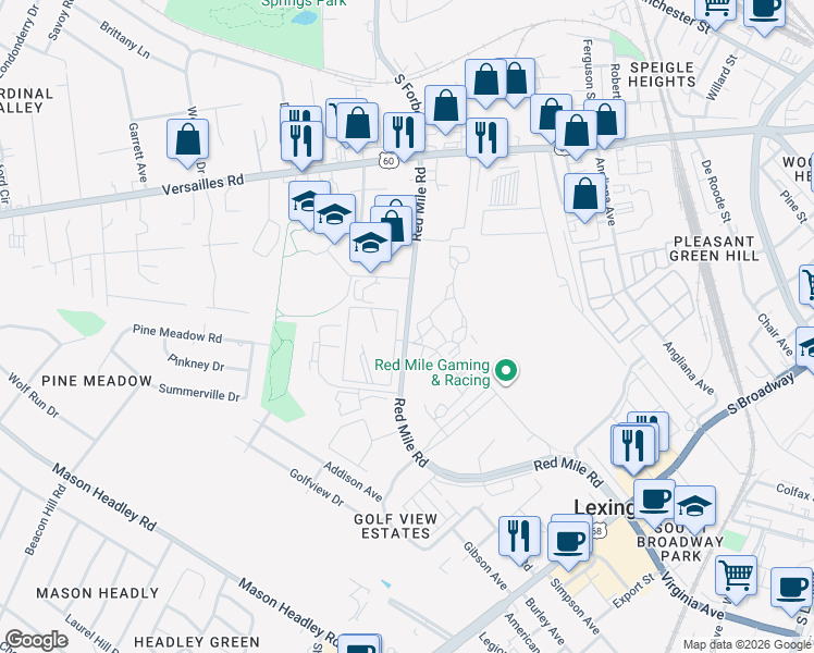 map of restaurants, bars, coffee shops, grocery stores, and more near Red Mile Road in Lexington