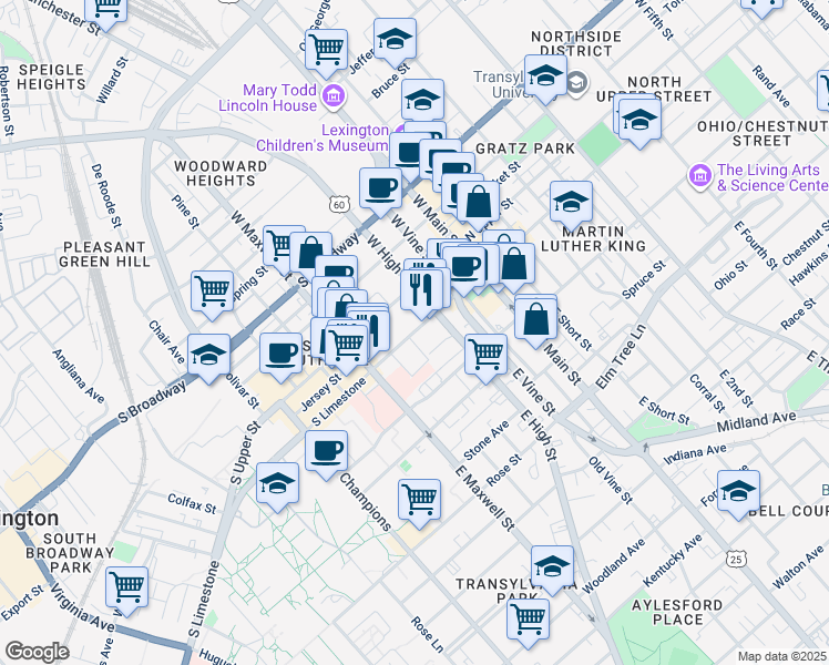 map of restaurants, bars, coffee shops, grocery stores, and more near 228 South Limestone in Lexington
