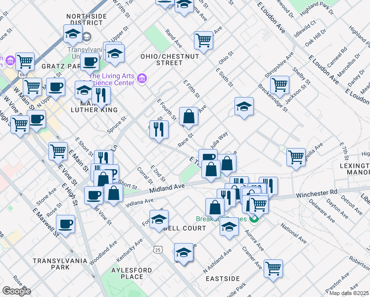 map of restaurants, bars, coffee shops, grocery stores, and more near 511 East Third Street in Lexington