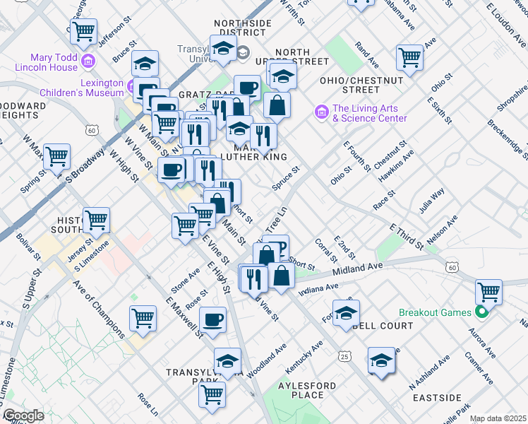 map of restaurants, bars, coffee shops, grocery stores, and more near 145 Deweese Street in Lexington