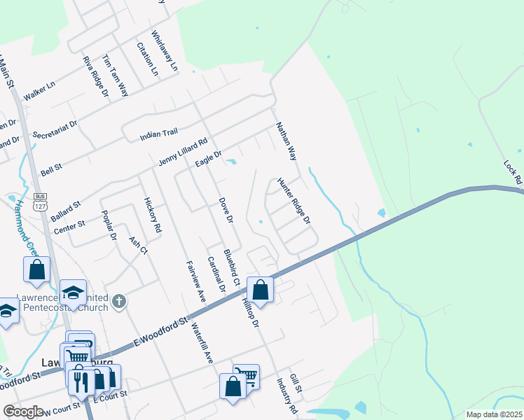 map of restaurants, bars, coffee shops, grocery stores, and more near 238 Hunter Ridge Drive in Lawrenceburg