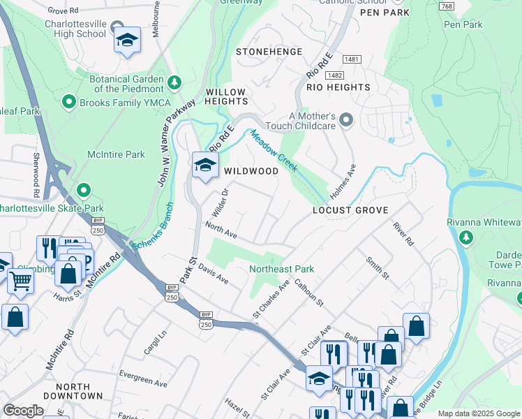 map of restaurants, bars, coffee shops, grocery stores, and more near 1015 Cottonwood Rd in Charlottesville