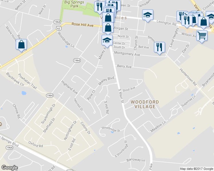 map of restaurants, bars, coffee shops, grocery stores, and more near 110 Crosskey Road in Versailles