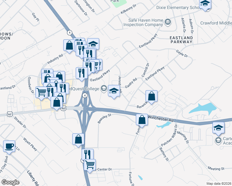 map of restaurants, bars, coffee shops, grocery stores, and more near 1708 Jennifer Road in Lexington