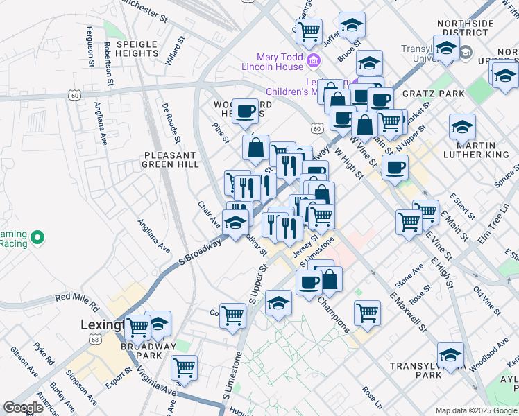 map of restaurants, bars, coffee shops, grocery stores, and more near S Broadway Rd & Cedar St in Lexington