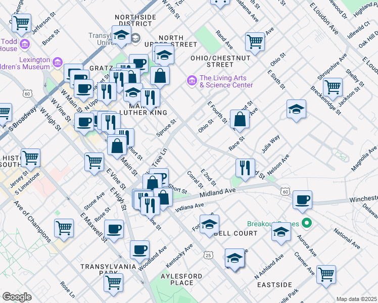 map of restaurants, bars, coffee shops, grocery stores, and more near 355 East 2nd Street in Lexington
