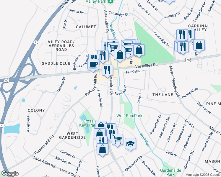 map of restaurants, bars, coffee shops, grocery stores, and more near 1553 Alexandria Drive in Lexington