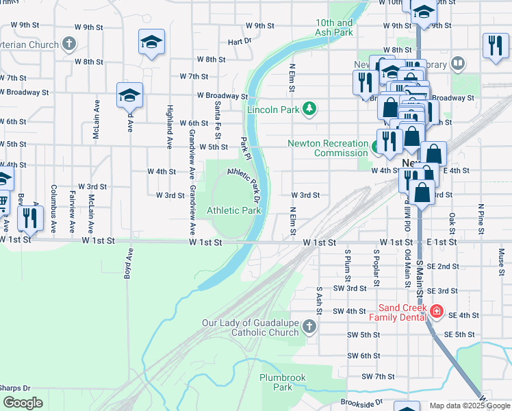 map of restaurants, bars, coffee shops, grocery stores, and more near Athletic Park Drive in Newton