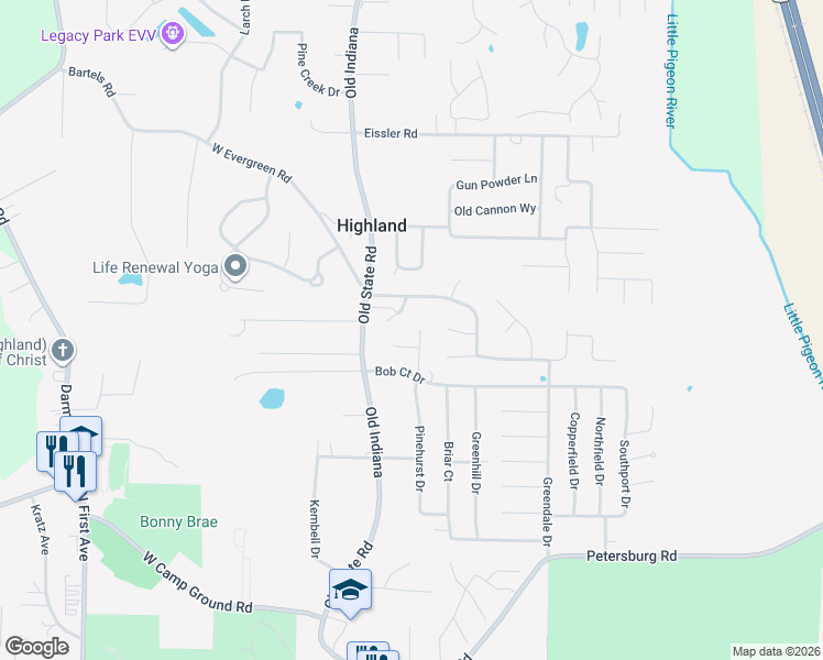 map of restaurants, bars, coffee shops, grocery stores, and more near 7210 Pinehurst Drive in Evansville