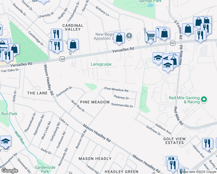 map of restaurants, bars, coffee shops, grocery stores, and more near 1469 Pine Meadow Road in Lexington