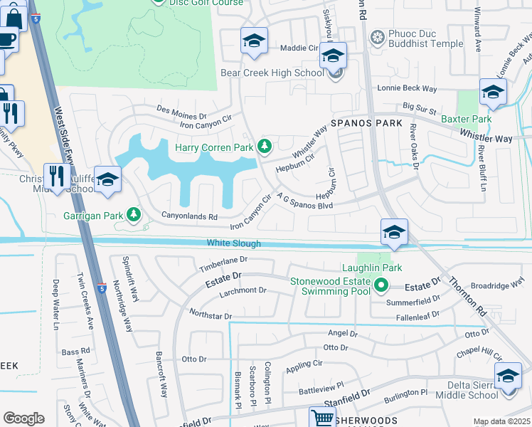 map of restaurants, bars, coffee shops, grocery stores, and more near Grandi Circle in Stockton