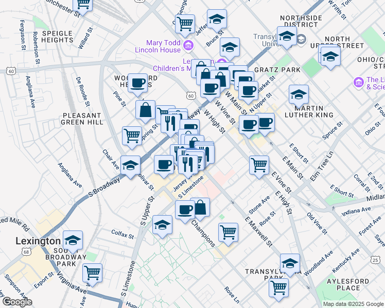 map of restaurants, bars, coffee shops, grocery stores, and more near 211 West Maxwell Street in Lexington