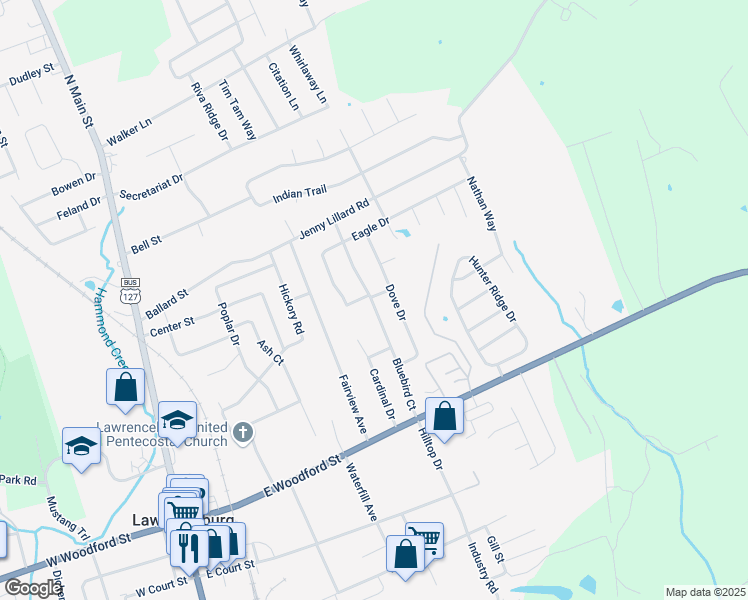 map of restaurants, bars, coffee shops, grocery stores, and more near 122 Bluebird Court in Lawrenceburg