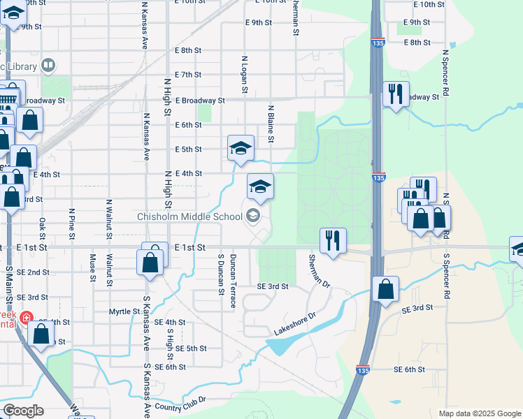 map of restaurants, bars, coffee shops, grocery stores, and more near 900 East 1st Street in Newton