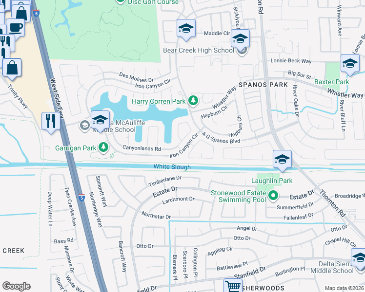 map of restaurants, bars, coffee shops, grocery stores, and more near 3503 Canyonlands Road in Stockton