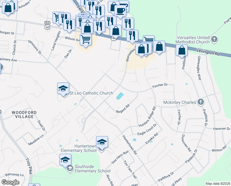 map of restaurants, bars, coffee shops, grocery stores, and more near 421 Marsailles Road in Versailles